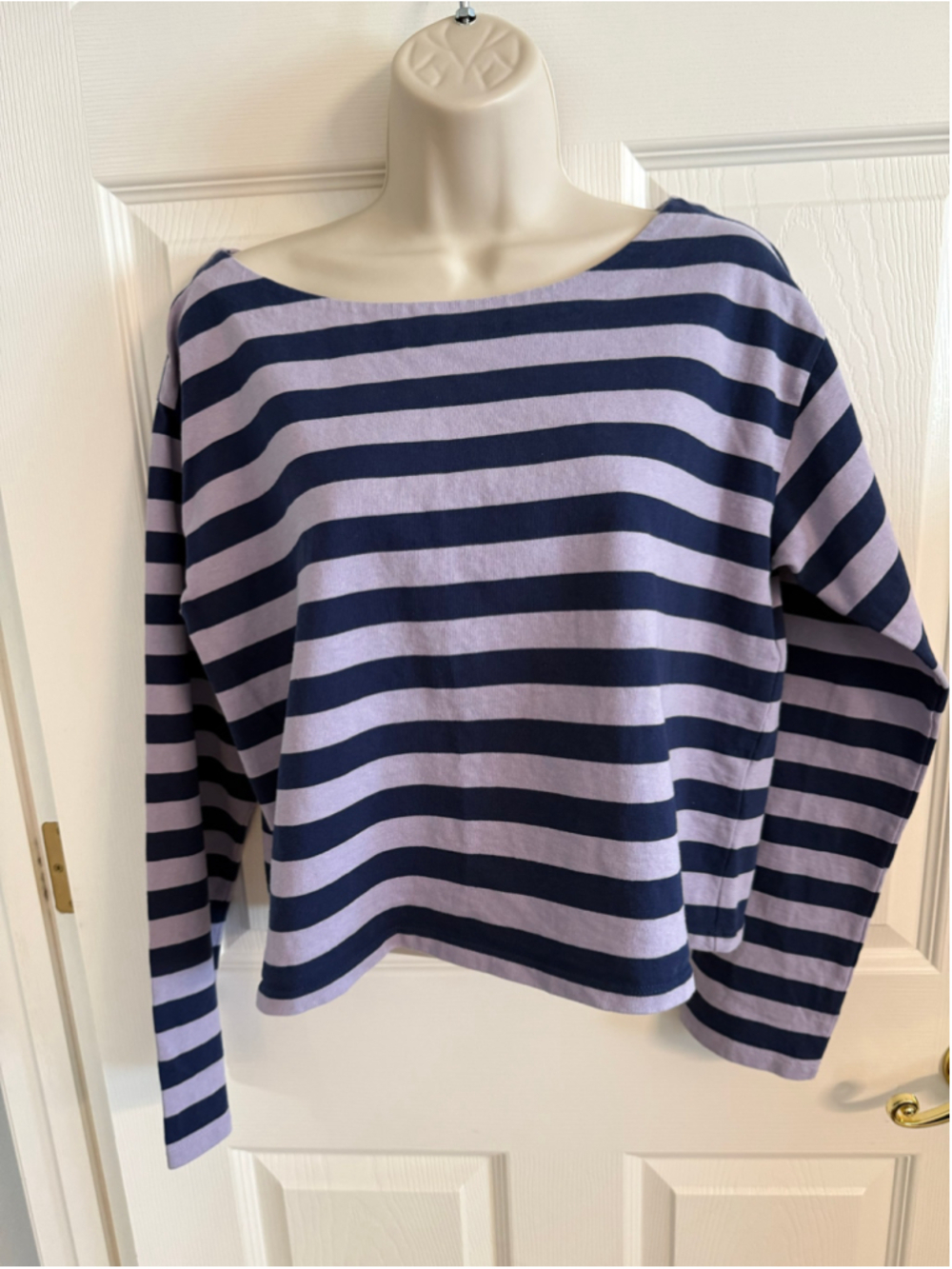 J.Crew EUC Lavender & Navy Striped Boatneck Long Sleeve Tee Top Sz S crop